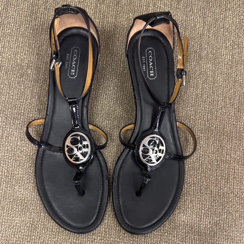 Coach Black and Tan Sandals with Silver Accent